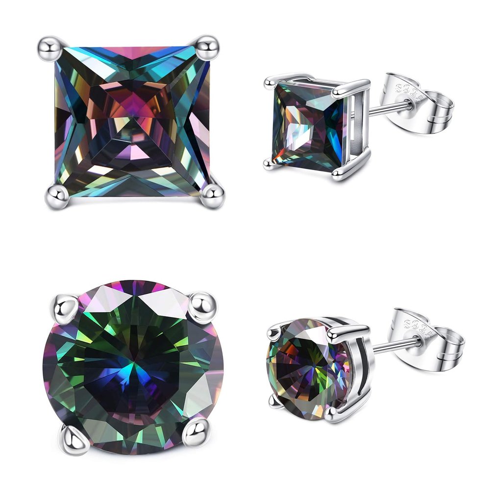 2 Pairs 18K White Gold Plated Round/Square CZ Earrings Created Rainbow Quartz Stud Earrings for Women Men Cubic Zirconia Stud Earrings for Women Men | 925 Sterling Silver Earrings