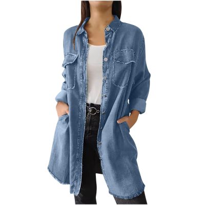 Womens Long Denim Jackets Plus Size Trench Coat Open Front Cardigan Button Down Long Sleeve Classic Jeans Jackets