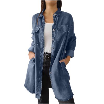 Womens Long Denim Jackets Plus Size Trench Coat Open Front Cardigan Button Down Long Sleeve Classic Jeans Jackets