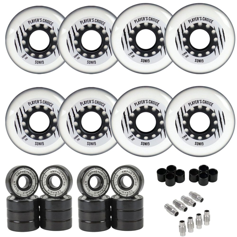 Player's Choice Indoor Roller Hockey Wheels 68/72 Youth Hilo Ginos 74A 8-Pack with Silver Ceramic Bearings