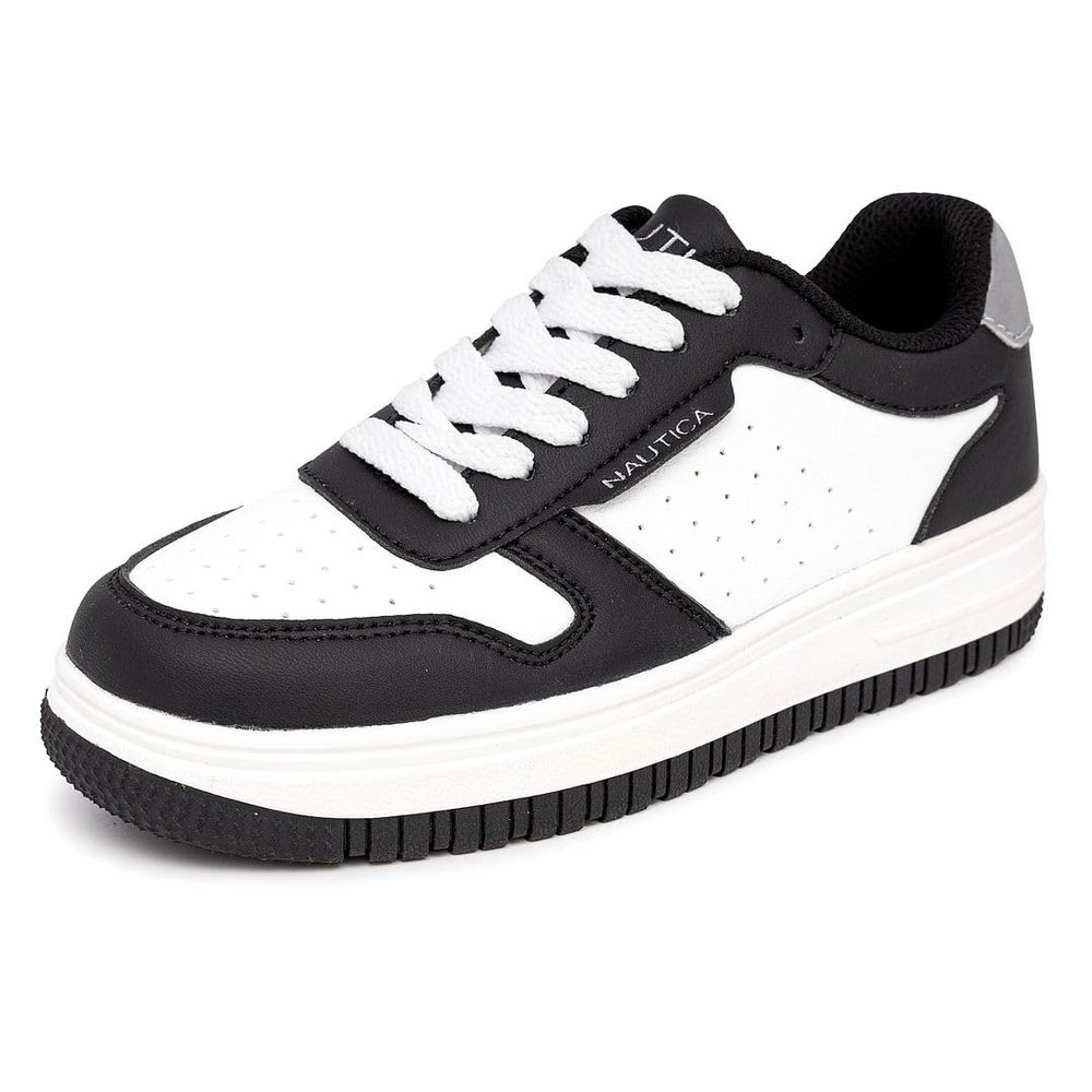 Nautica Kids Boys Casual Low-Top Lace-Up Court Shoes, Fashion Sneakers - Trainers for Skate, Tennis, Walking, and Workouts-Big Kid-Little Kid-Ivan-Black Silver, Size 13