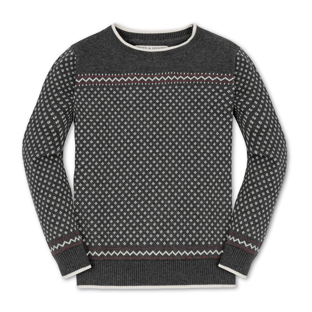 Hope & Henry Boys' Organic Long Sleeve Intarsia Crew Neck Pullover Sweater, X-Small, Charcoal Heather Birdseye