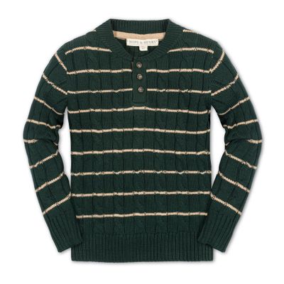 Hope & Henry Boys' Organic Long Sleeve Cable Henley Pullover Sweater with Elbow Patches, XX-Small, Pine Green Cable Stripe