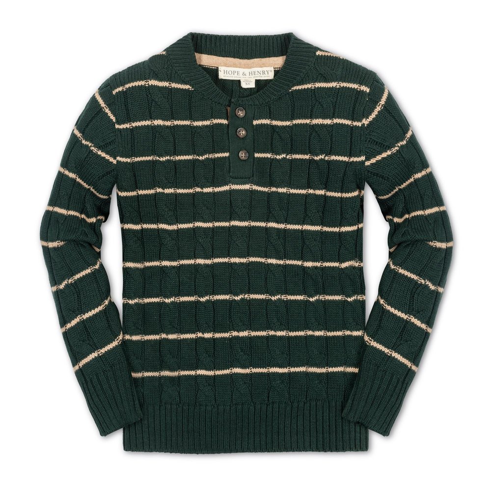 Hope & Henry Boys' Organic Long Sleeve Cable Henley Pullover Sweater with Elbow Patches, XX-Small, Pine Green Cable Stripe