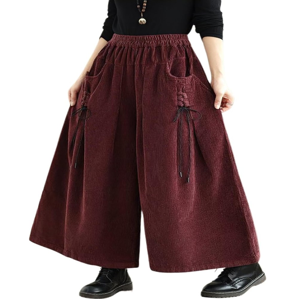 chouyatou Women's Fall Casual Wide Leg Baggy Corduroy Pants Elastic Waist Baggy Culotte Loose Trousers (Small,Rust Red)