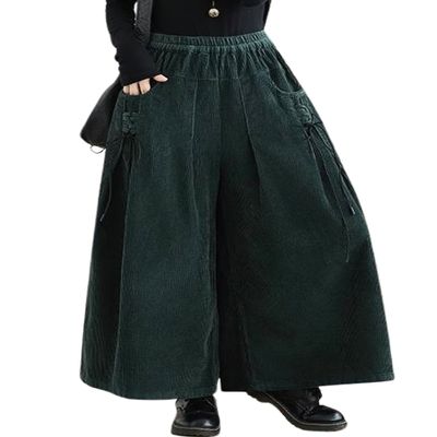 chouyatou Women's Fall Casual Wide Leg Baggy Corduroy Pants Elastic Waist Baggy Culotte Loose Trousers (Large,Green)