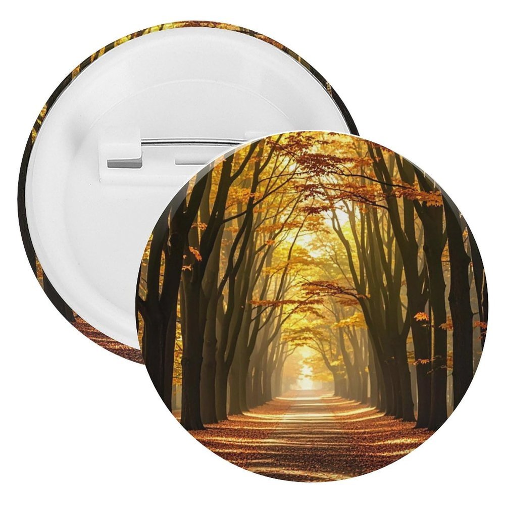 Round Badge for Women Men Round Brooch Pin Unisex Lapel Tie Pin Romantic Autumn Alleys in The Woods Badge for Christmas Halloween Birthday Costume Accessory