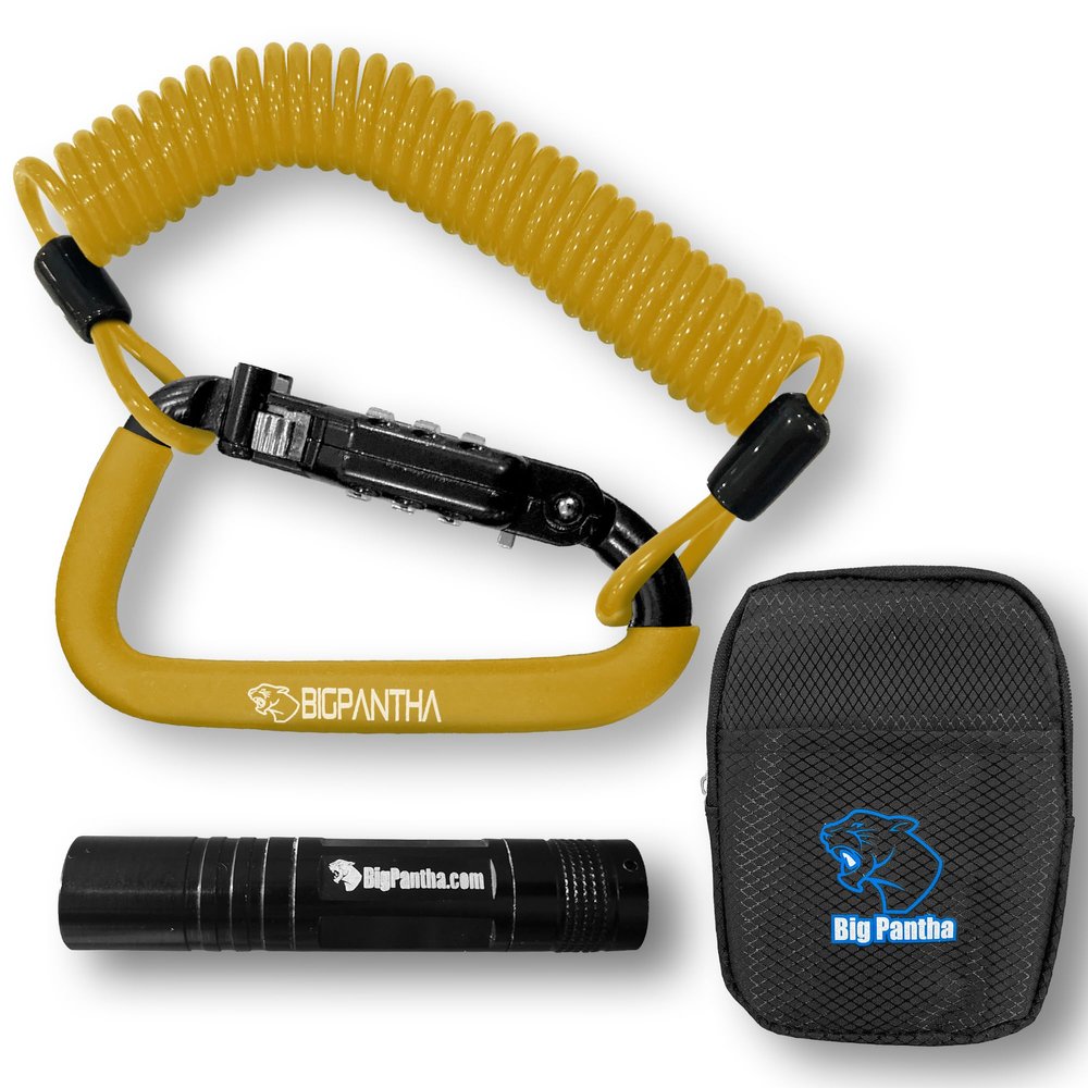 BigPantha Motorcycle Helmet Lock & Security Cable - Yellow Carabiner Combination Lock Secures Your Helmet, Jacket, Gloves, or Bag - Helmet Lock with Free Carry Pouch & a Small Flashlight