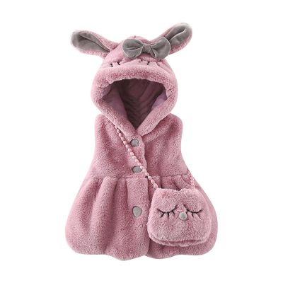 Baby Girl's Rabbit Ear Hoodie Fleece Vest Sleeveless Fuzzy Fleece Hooded Jacket Coat with Bag (Purple, 18-24 Months)
