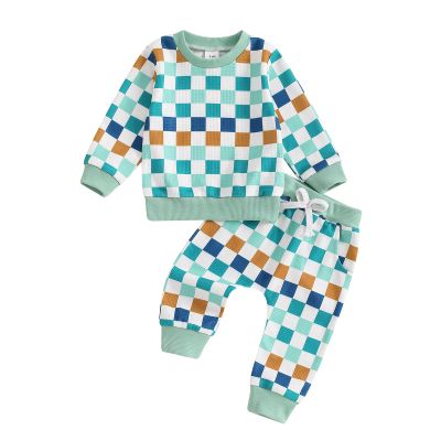 MERSARIPHY Toddler Baby Boy Clothes Fall Winter Outfit Waffle Color Block Sweatshirt Pullover Tops Pants Set Knit Clothing (Green-Plaid, 2-3T)