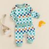 MERSARIPHY Toddler Baby Boy Clothes Fall Winter Outfit Waffle Color Block Sweatshirt Pullover Tops Pants Set Knit Clothing (Green-Plaid, 2-3T) view 2