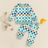 MERSARIPHY Toddler Baby Boy Clothes Fall Winter Outfit Waffle Color Block Sweatshirt Pullover Tops Pants Set Knit Clothing (Green-Plaid, 2-3T) view 3