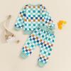 MERSARIPHY Toddler Baby Boy Clothes Fall Winter Outfit Waffle Color Block Sweatshirt Pullover Tops Pants Set Knit Clothing (Green-Plaid, 2-3T) view 4