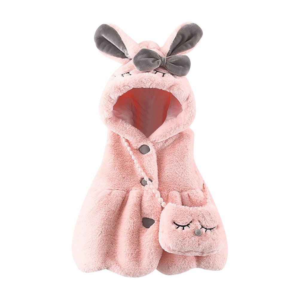 Baby Girl's Rabbit Ear Hoodie Fleece Vest Sleeveless Fuzzy Fleece Hooded Jacket Coat with Bag Winter (Pink, 3-4 Years)