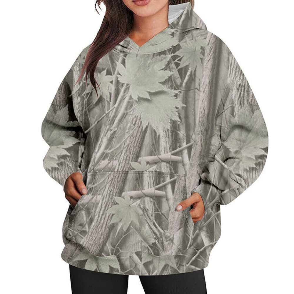 Womens Camo Hoodie Maple Leaf Print Hoodie Cute Oversized Graphic Hoodies Fleece Pullover Sweatshirt Fall Clothes