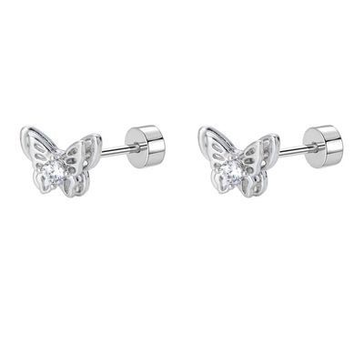 18g Titanium Butterfly Stud Earrings for Women Stainless Steel Hypoallergenic CZ Cute Animal Crystal Tiny Tragus Cartilage Flat Screw Back Post Piercing Sensitive Ear Gift Birthday Christmas Wedding