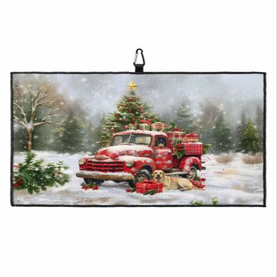 Golf Towel Waffle Pattern Towels,Red Truck with Christmas Tree Microfiber Golf Bag Towel with Carabiner Clip Green Forest Dog Rustic Snow Scene Golf Accessories Club Cleaner for Men Women,16"x24"