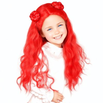 Askuang Long Wavy Red Wig for Cosplay Red Costume Wig with 2 Buns for Halloween Party Wig (Small Size)