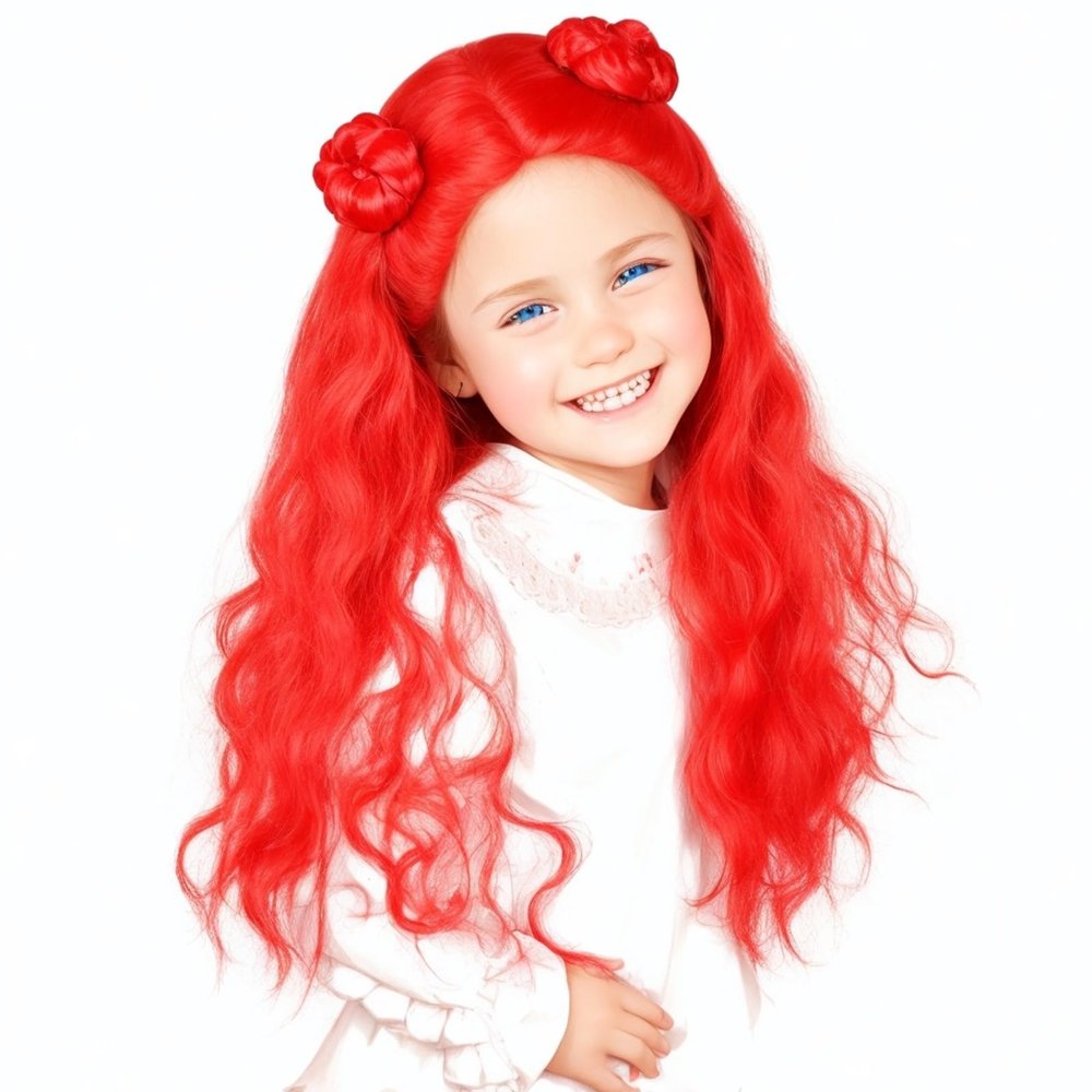 Askuang Long Wavy Red Wig for Cosplay Red Costume Wig with 2 Buns for Halloween Party Wig (Small Size)