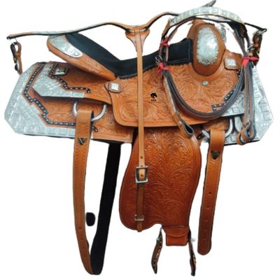 BNB International Silver Genuine Cowhide Leather Western Pleasure Show Horse Saddle Handmade with Silver Fitting Leather Equestrian Trail Horse Saddles Size: 10"-18" inches Seat SHOW01 (12)