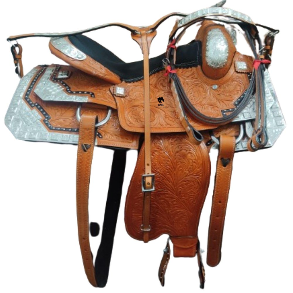 BNB International Silver Genuine Cowhide Leather Western Pleasure Show Horse Saddle Handmade with Silver Fitting Leather Equestrian Trail Horse Saddles Size: 10"-18" inches Seat SHOW01 (12)