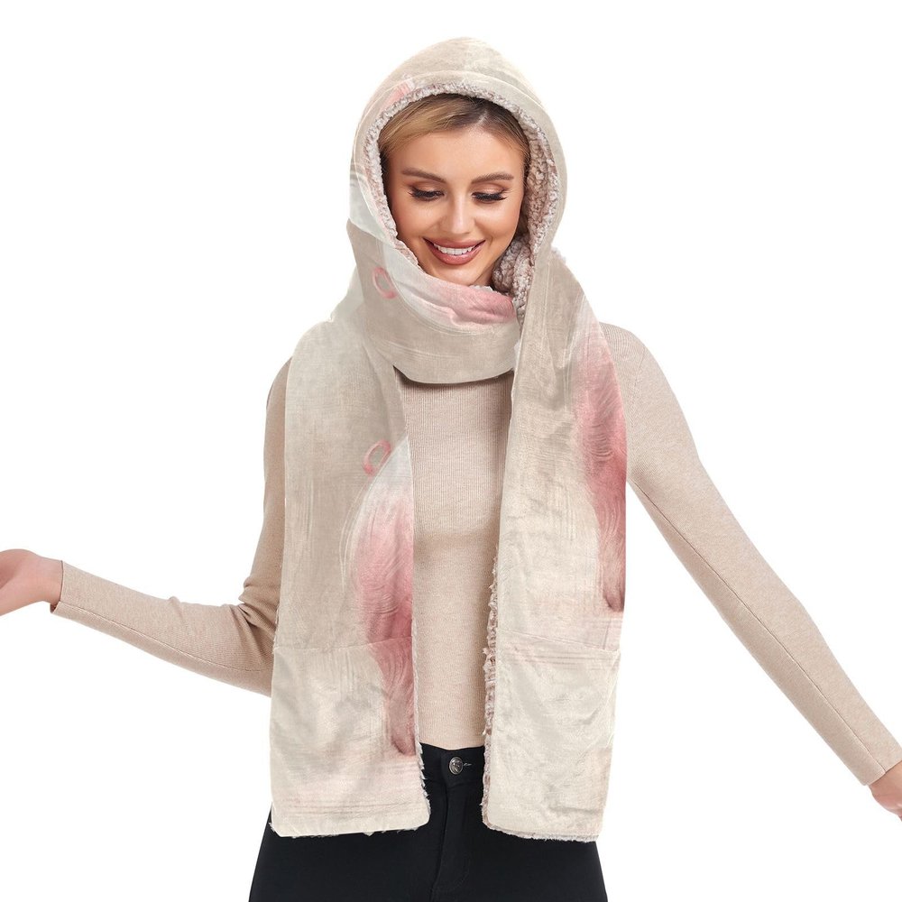 Hooded Scarf with Pockets Cute-Little-Piggy Warm Long Hooded Scarf with Mittens Black