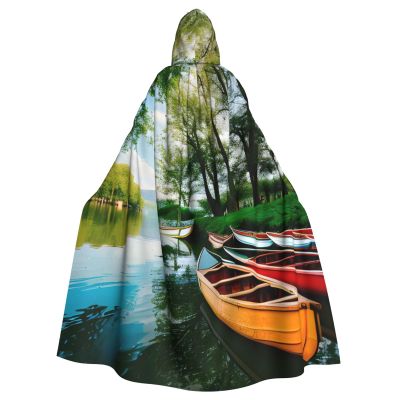 MUFLVDX Lake With Boats Canoes Park Unisex Hooded Robe Cloak Halloween Cool Cosplay Witch Costume Adults Cloak Party Cape