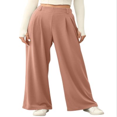 EVALESS Women's Work Pants High Waisted Wide Leg Casual Fleece Lined Trousers Solid Color Loose Fitting Warm Palazzo Pants 2025 Elastic Waist Flowy Slacks with Pockets Pink X-Large