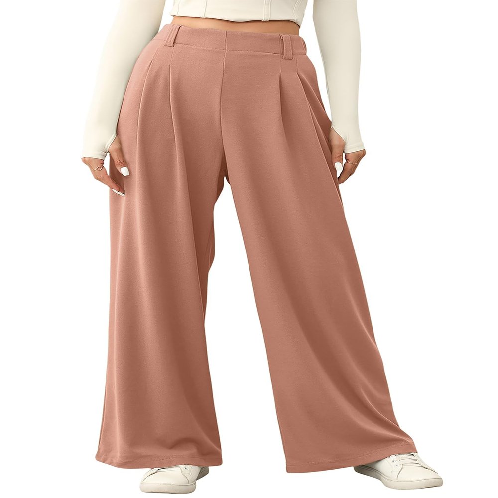 EVALESS Women's Work Pants High Waisted Wide Leg Casual Fleece Lined Trousers Solid Color Loose Fitting Warm Palazzo Pants 2025 Elastic Waist Flowy Slacks with Pockets Pink X-Large