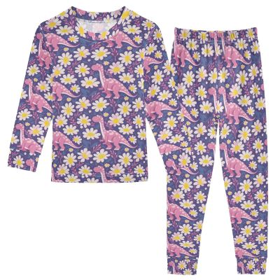 ALAZA Beautiful Daisy Dinosaur 2 Piece Pajama Set Long Sleeve Top and Pants Sleepwear Unisex 3T
