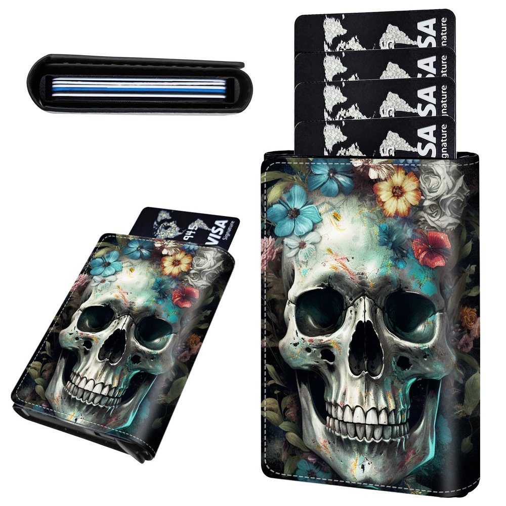 Credit Card Holder Aluminum Auto Pop Up Wallet, Slim Minimalist Credit Card Holder For Men and Women, Leather Card Case Front Pocket Trifold Wallet RFID Blocking Wallets,Skull Gray Rose Flower