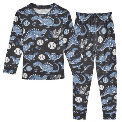 ALAZA Dinosaur Baseball Leaf 2 Piece Pajama Set Long Sleeve Top and Pants Sleepwear Unisex 8Y