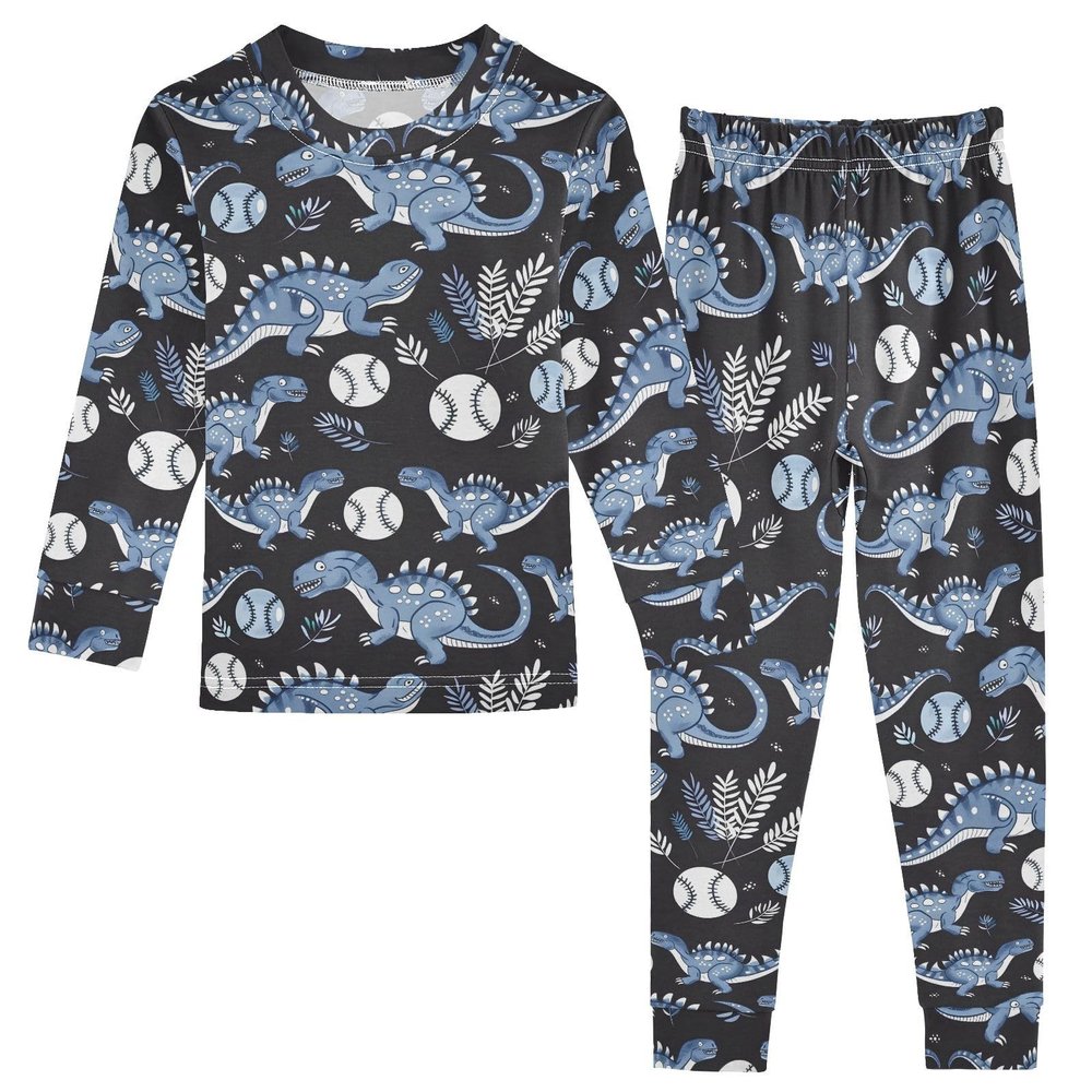 ALAZA Dinosaur Baseball Leaf 2 Piece Pajama Set Long Sleeve Top and Pants Sleepwear Unisex 8Y