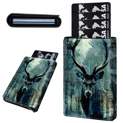 Mxfdegf Credit Card Holder Aluminum Auto Pop Up Wallet, Slim Minimalist Credit Card Holder For Men and Women, Leather Card Case Front Pocket Trifold Wallet RFID Blocking Wallets,Deer -1375