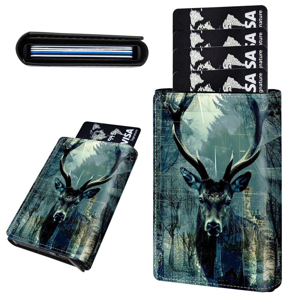 Mxfdegf Credit Card Holder Aluminum Auto Pop Up Wallet, Slim Minimalist Credit Card Holder For Men and Women, Leather Card Case Front Pocket Trifold Wallet RFID Blocking Wallets,Deer -1375