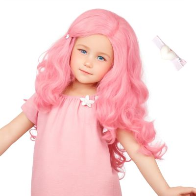 Askuang Long Curly Pink Wig with Hairpin Side Parting Pink Cosplay Wig for Halloween Costume Party (Small Size)