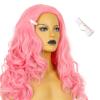 Askuang Long Curly Pink Wig with Hairpin Side Parting Pink Cosplay Wig for Halloween Costume Party (Small Size) view 2