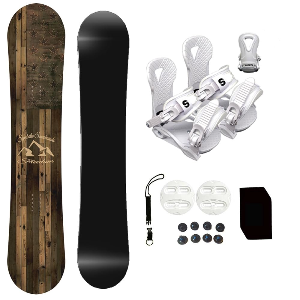 Symbolic Freedom USA Youth Kids Snowboard & White Bindings Stomp Pad, Leash Package (90cm & White Bindings XXXS Todlr (9-11c))