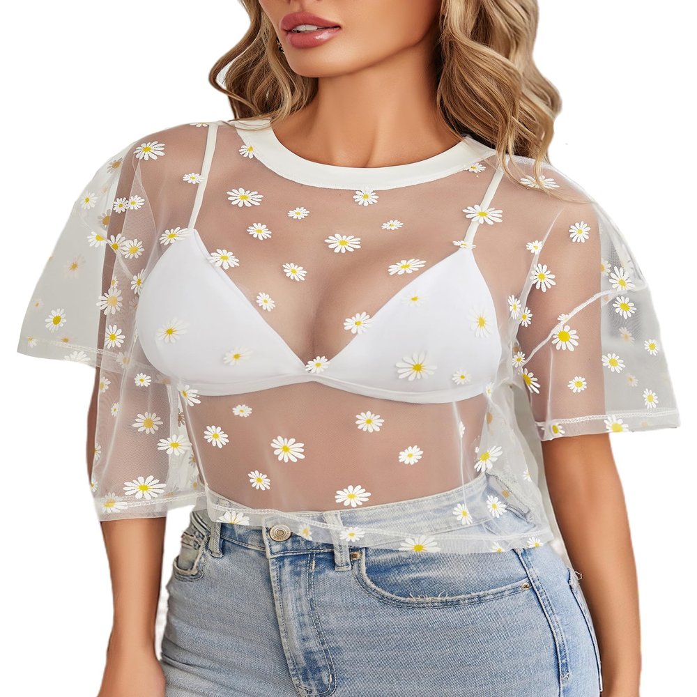 Avidlove Sheer Crop Tops for Women Mesh Crop Shirt See Through Tee Short Sleeve (Daisy White, X-Large)