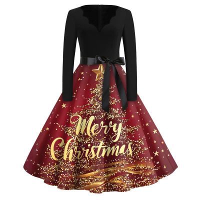 Christmas Dresses Christmas Dress for Women Plus Size Long Sleeve V Neck X-Large 02-Gold
