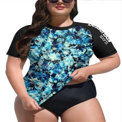 BesserBay Women Short Sleeve Plus Size Crew Neck Rashguard Shirt Quick Dry Swimwear Shirt Swimsuit Shirt Swim Top Blue Black - Print X-Large