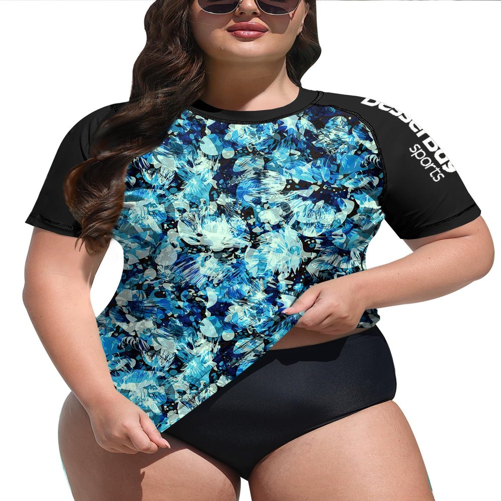 BesserBay Women Short Sleeve Plus Size Crew Neck Rashguard Shirt Quick Dry Swimwear Shirt Swimsuit Shirt Swim Top Blue Black - Print X-Large