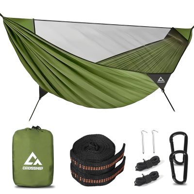 Camping Hammock with Mosquito Net Portable Parachute Nylon Backpacking Hammock with Tree Straps, Camp Rope & Stake - for Hiking, Backpacking, Travel, Backyard, Beach Holds Up to 500lbs (Green)