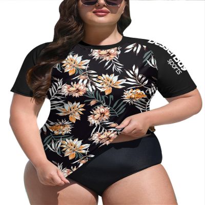 BesserBay Women Upf50+ Short Sleeve Plus Size Rash Guard Shirt Uv Lightweight Quick Dry Swim Shirt Black - Leaves & Flowers X-Large