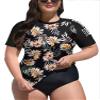 BesserBay Women Upf50+ Short Sleeve Plus Size Rash Guard Shirt Uv Lightweight Quick Dry Swim Shirt Black - Leaves & Flowers X-Large