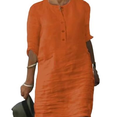 Akivide Womens Cotton Linen Half Sleeve Dress Casual Crew Neck Button Linen Knee Length Dress Summer Loose Solid Midi Dress