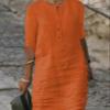 Akivide Womens Cotton Linen Half Sleeve Dress Casual Crew Neck Button Linen Knee Length Dress Summer Loose Solid Midi Dress view 2