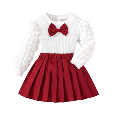 ZFZDRen 3-8Y Toddler Girl Skirt Set Kid 2Pcs Outfits Puff Long Sleeve Top Pleated Skirt with Bowknot Fall Winter Clothes (White Red,6 Years)