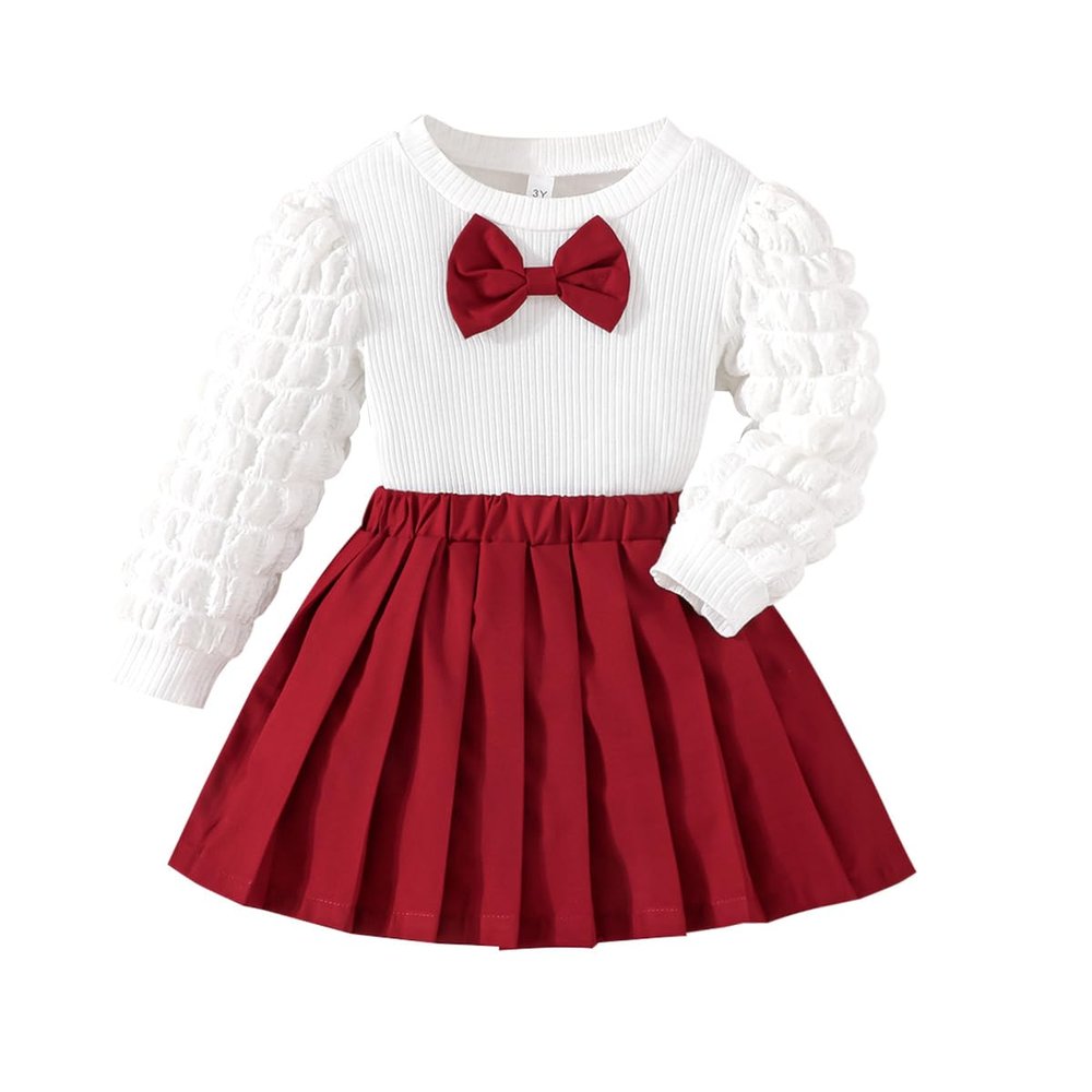 ZFZDRen 3-8Y Toddler Girl Skirt Set Kid 2Pcs Outfits Puff Long Sleeve Top Pleated Skirt with Bowknot Fall Winter Clothes (White Red,6 Years)