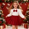 ZFZDRen 3-8Y Toddler Girl Skirt Set Kid 2Pcs Outfits Puff Long Sleeve Top Pleated Skirt with Bowknot Fall Winter Clothes (White Red,6 Years) view 2